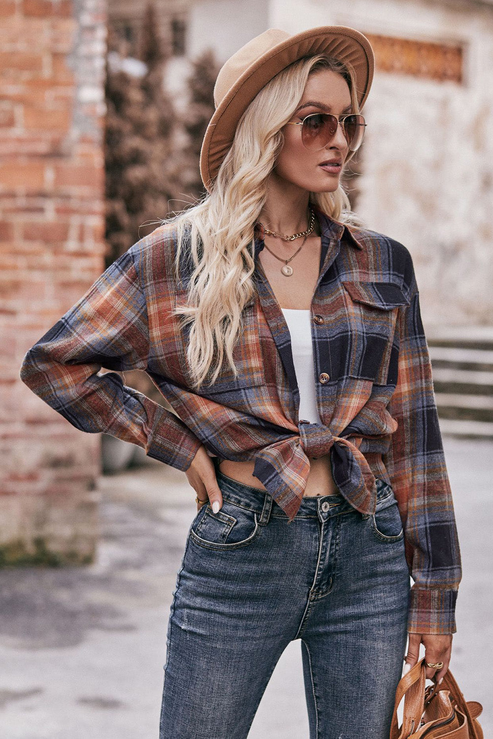 Red Plaid Colorblock Button Up Shacket