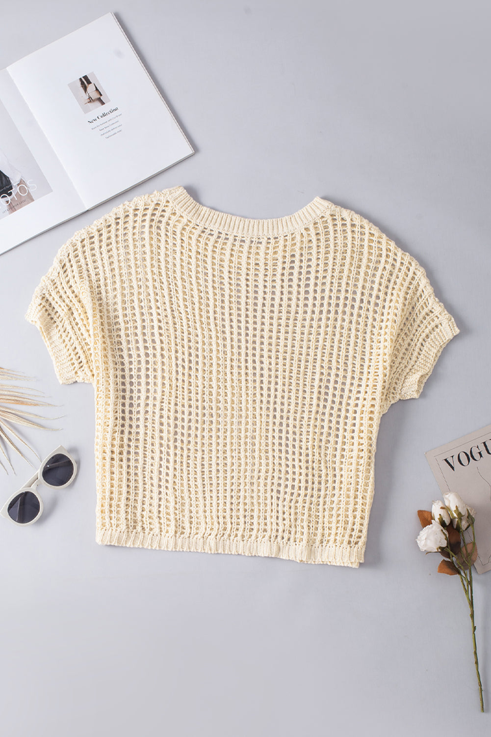 White Fishnet Knit Ribbed Round Neck Short Sleeve Tee