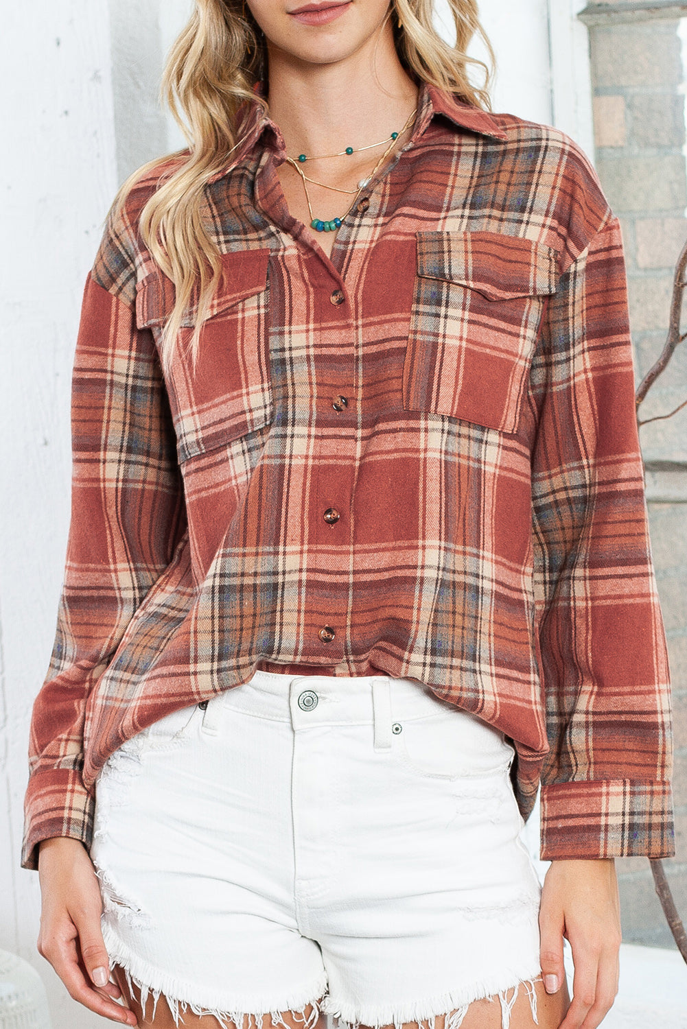 Red Plaid Colorblock Button Up Shacket