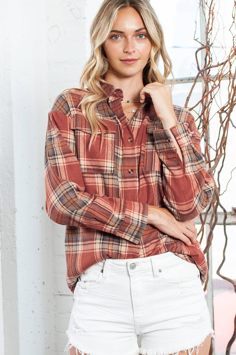 Red Plaid Colorblock Button Up Shacket