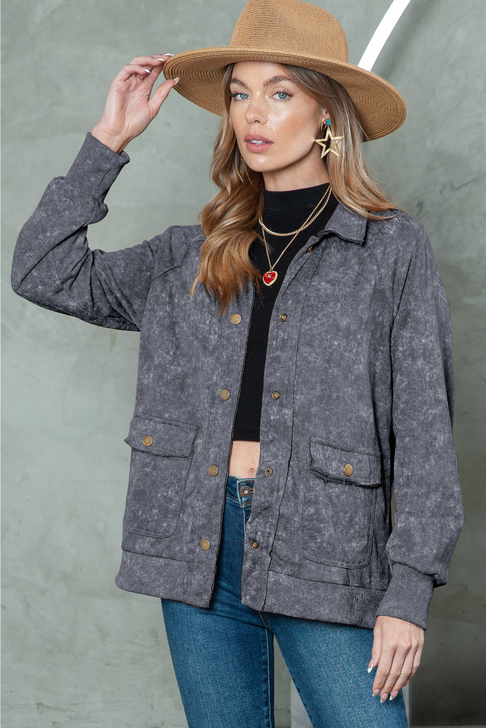 Khaki Snap Button Casual Jacket with Flap Pockets
