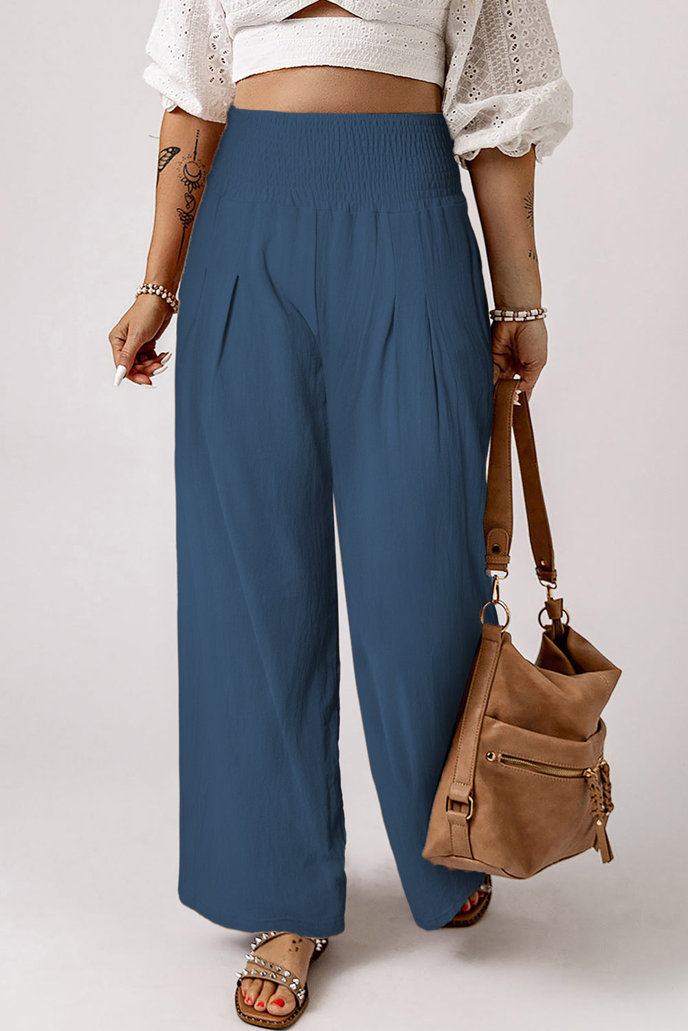 Blue Smocked Wide Waistband High Waist Wide Leg Pants