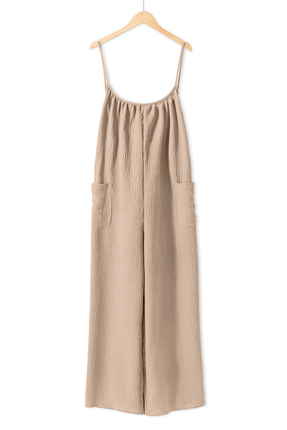 Chestnut Spaghetti Straps Waist Tie Pocketed Wide Leg Jumpsuit