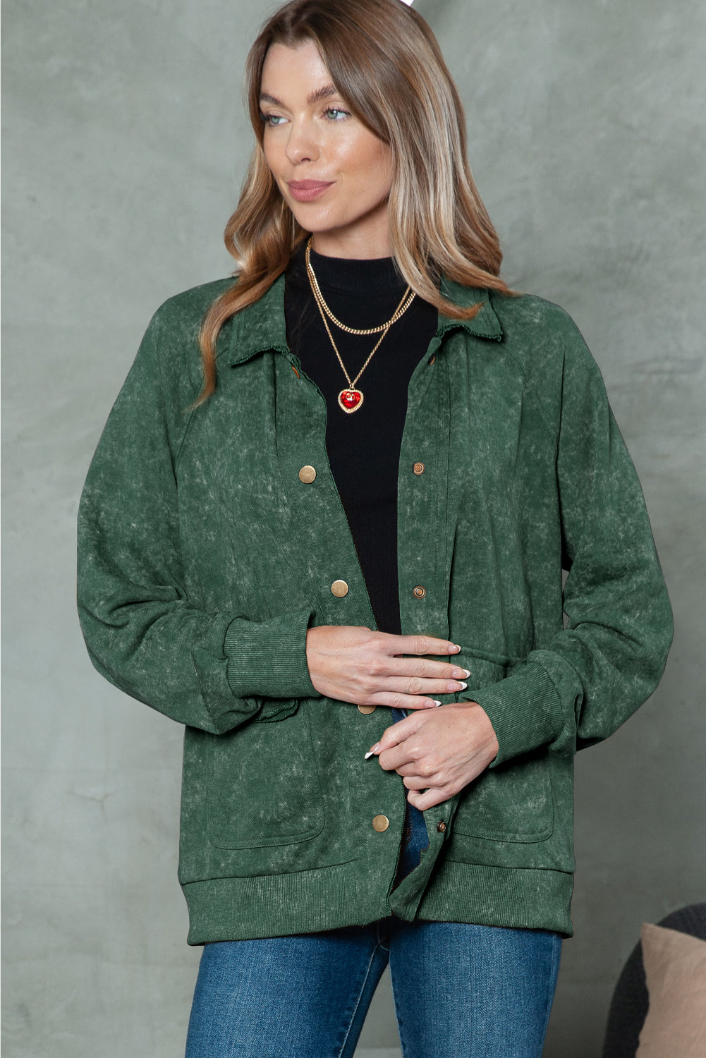 Khaki Snap Button Casual Jacket with Flap Pockets