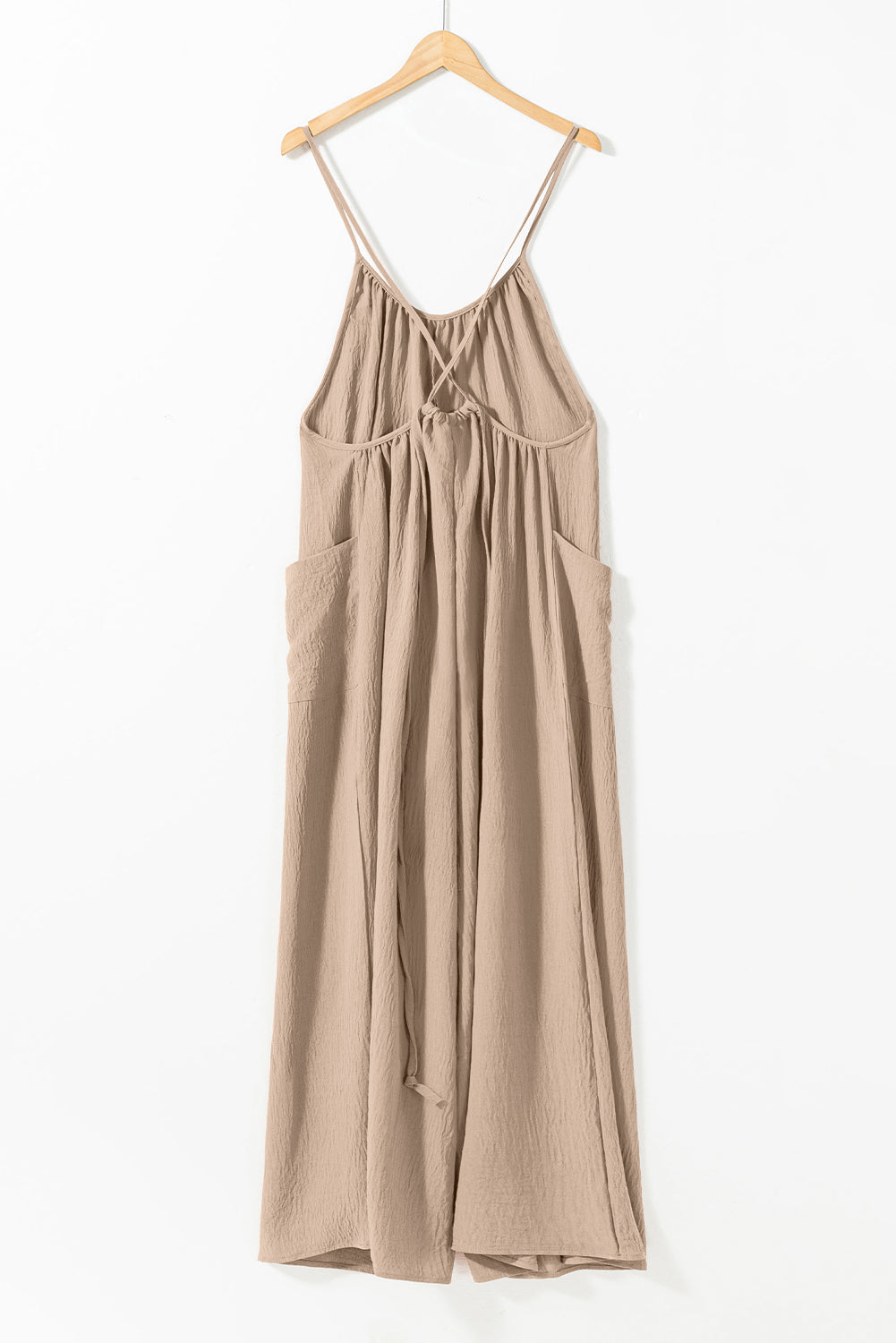 Chestnut Spaghetti Straps Waist Tie Pocketed Wide Leg Jumpsuit