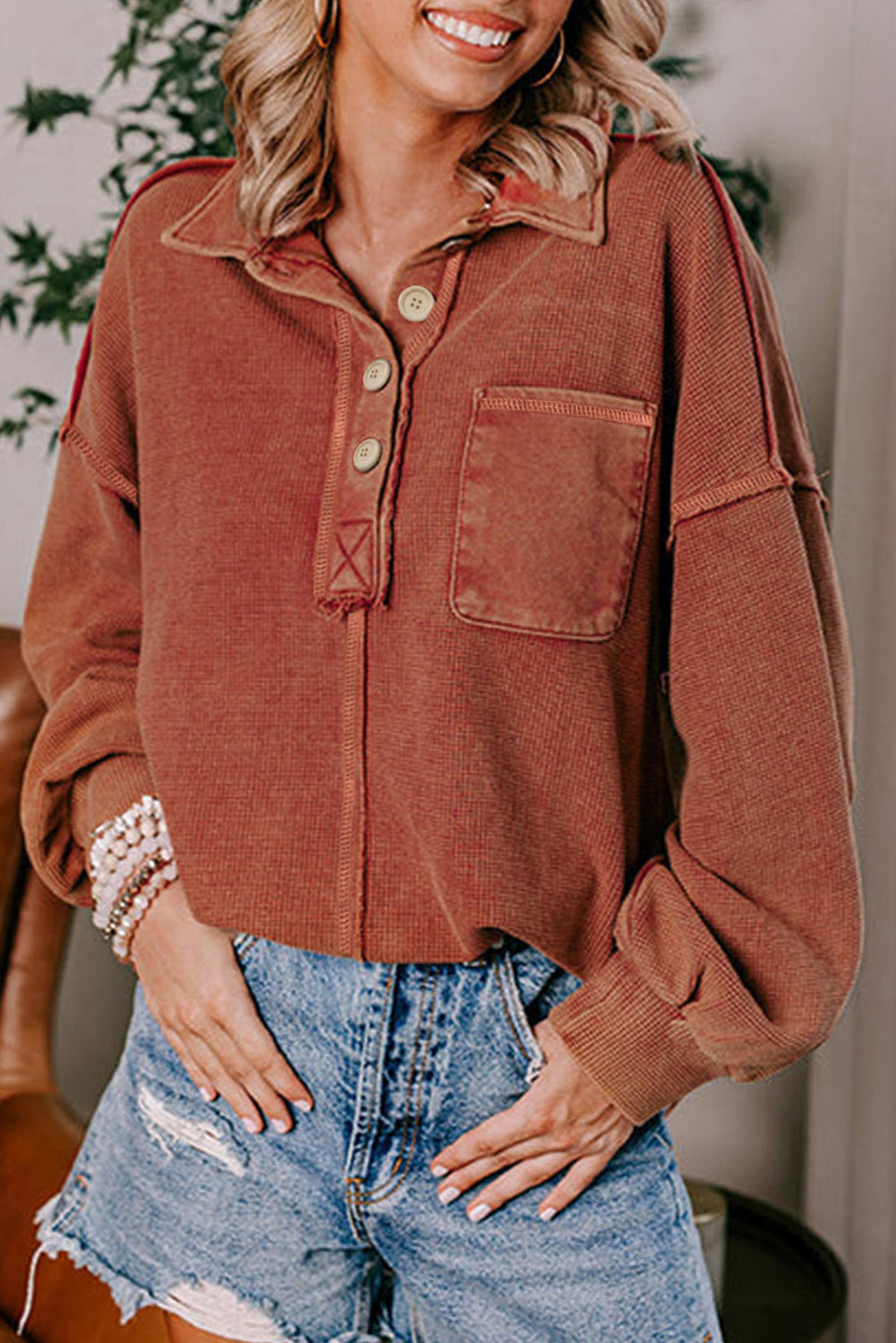 Black Waffle Exposed Seam Washed Henley Sweatshirt