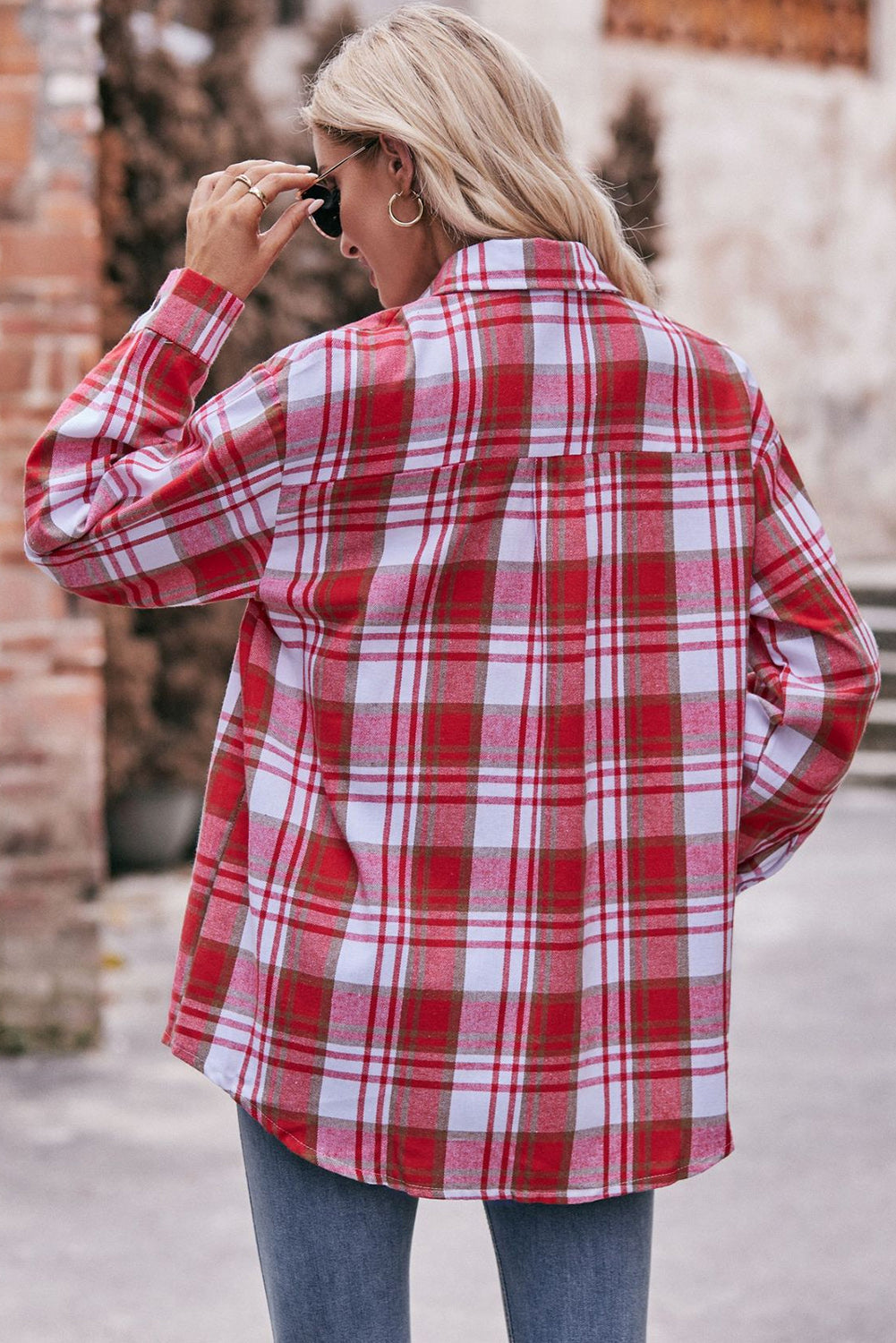 Red Plaid Colorblock Button Up Shacket