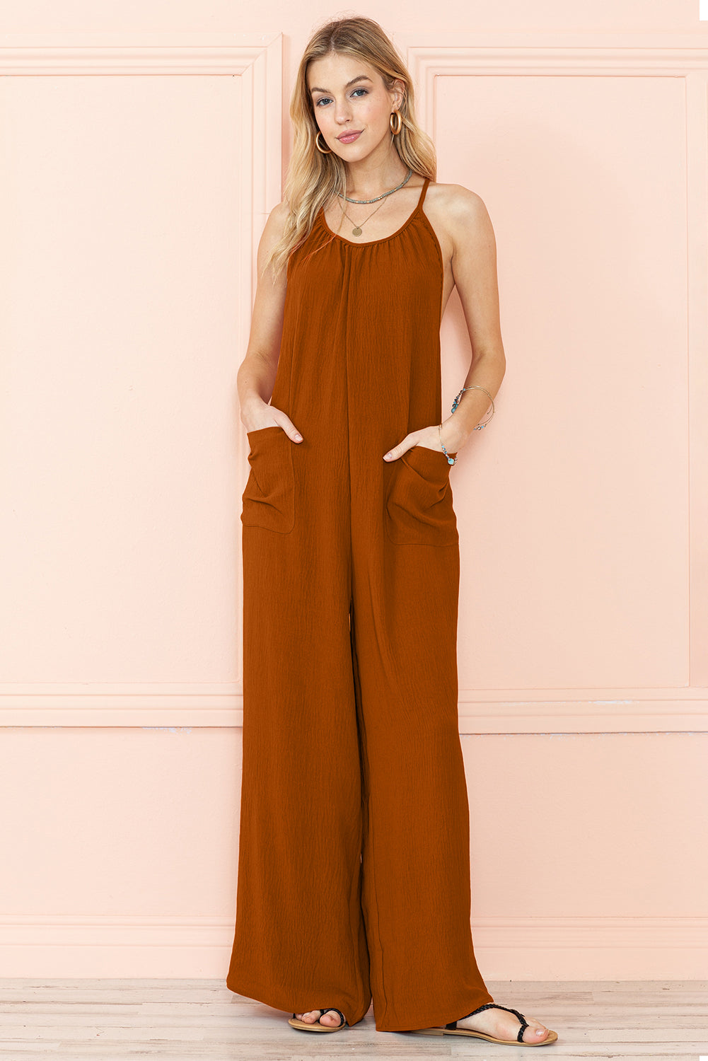 Chestnut Spaghetti Straps Waist Tie Pocketed Wide Leg Jumpsuit