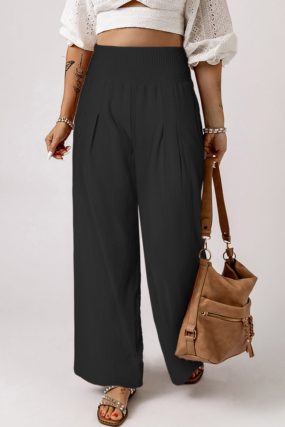 Blue Smocked Wide Waistband High Waist Wide Leg Pants
