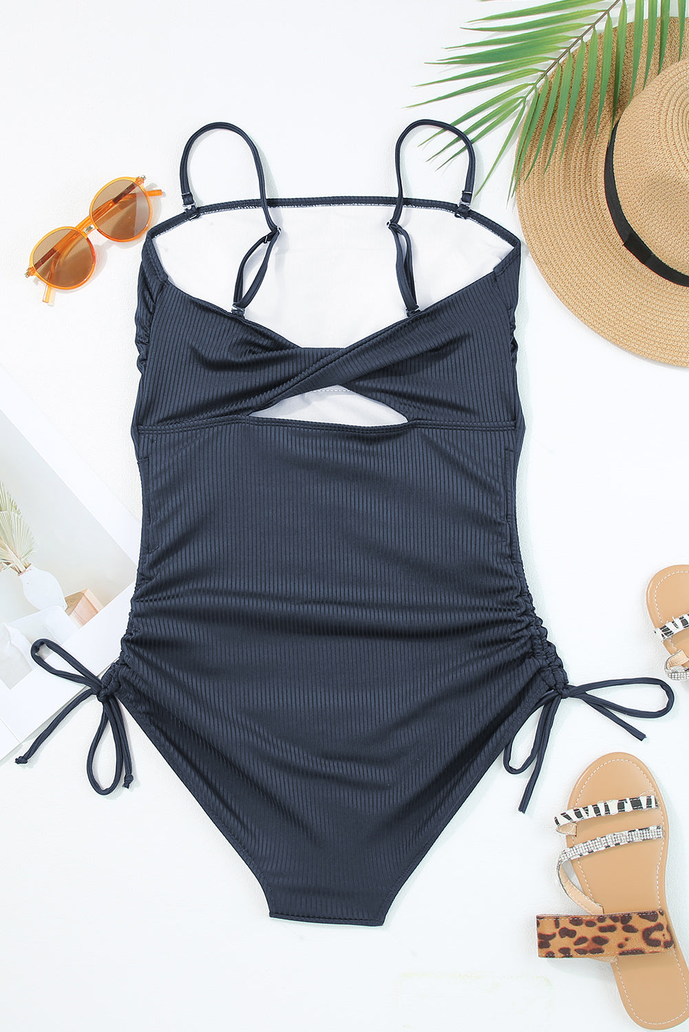 Black Side Drawstring Cutout Ribbed One Piece Swimsuit