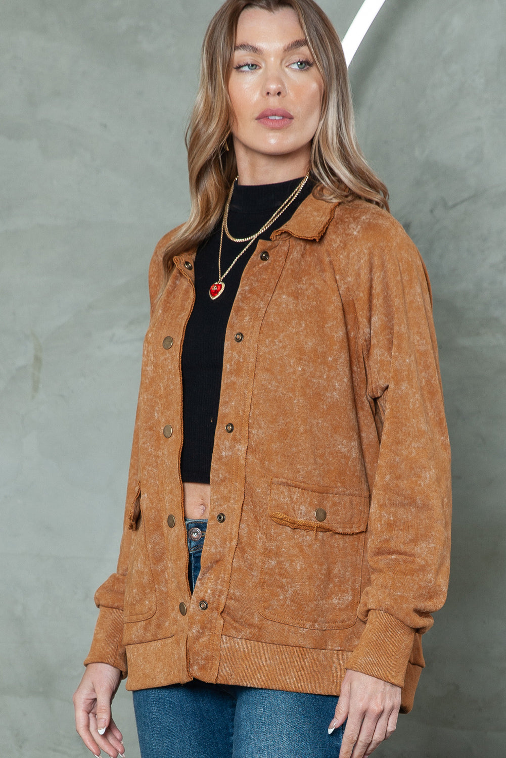 Khaki Snap Button Casual Jacket with Flap Pockets