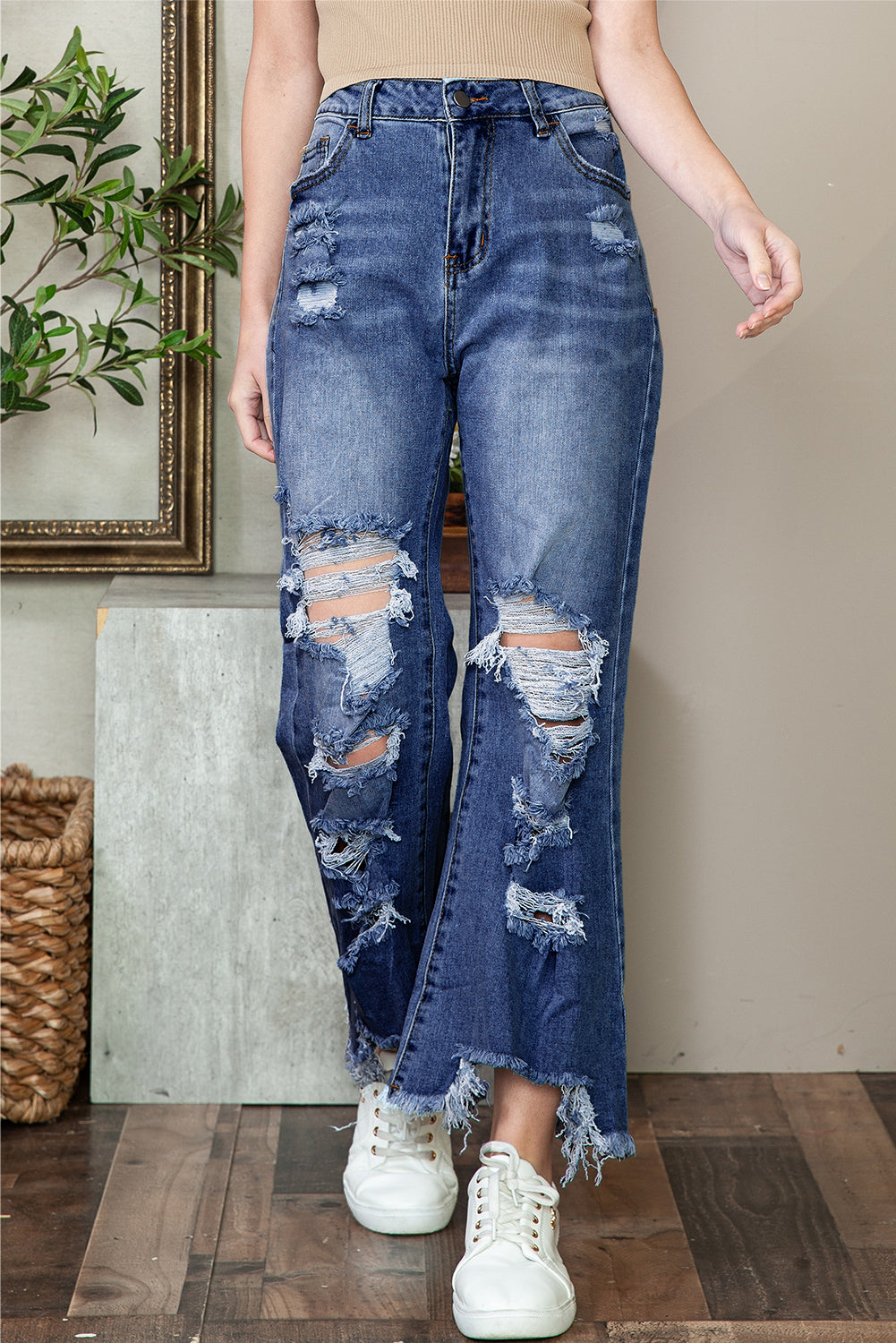 Blue Heavy Destroyed Raw Hem Wide Leg Jeans