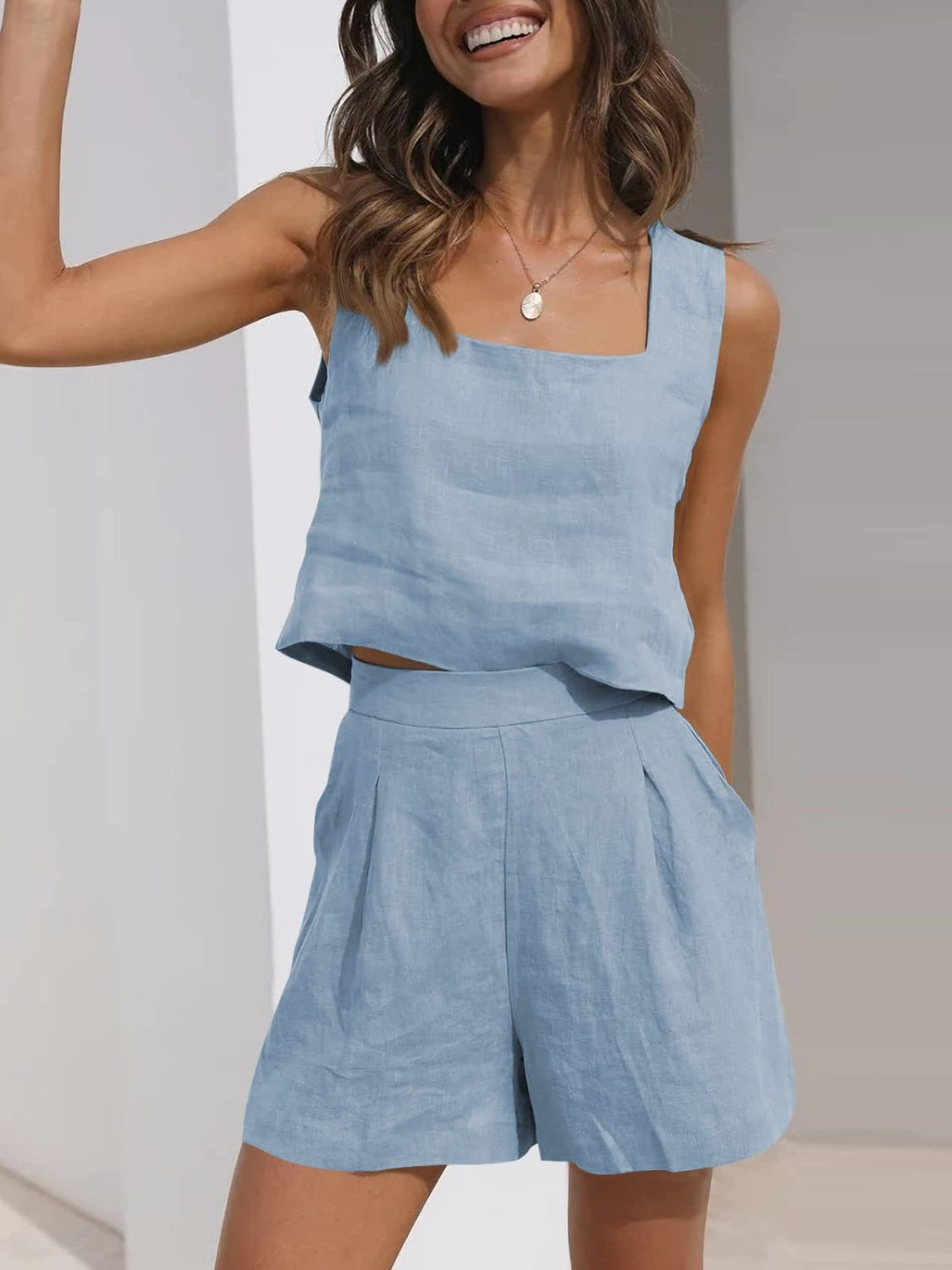 Square Neck Wide Strap Top and Shorts Set