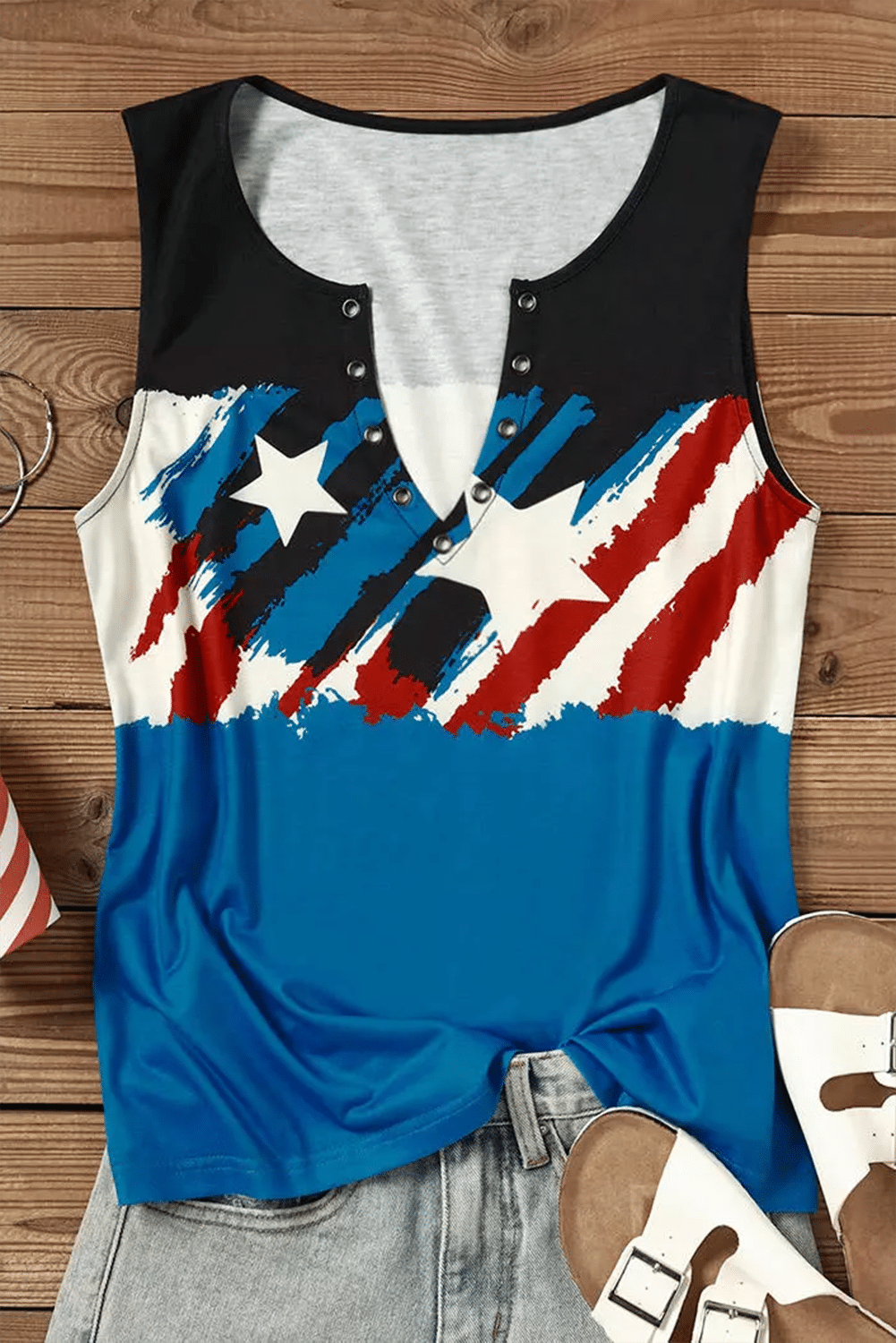 Black American Flag Printed Notched V Neck Tank Top