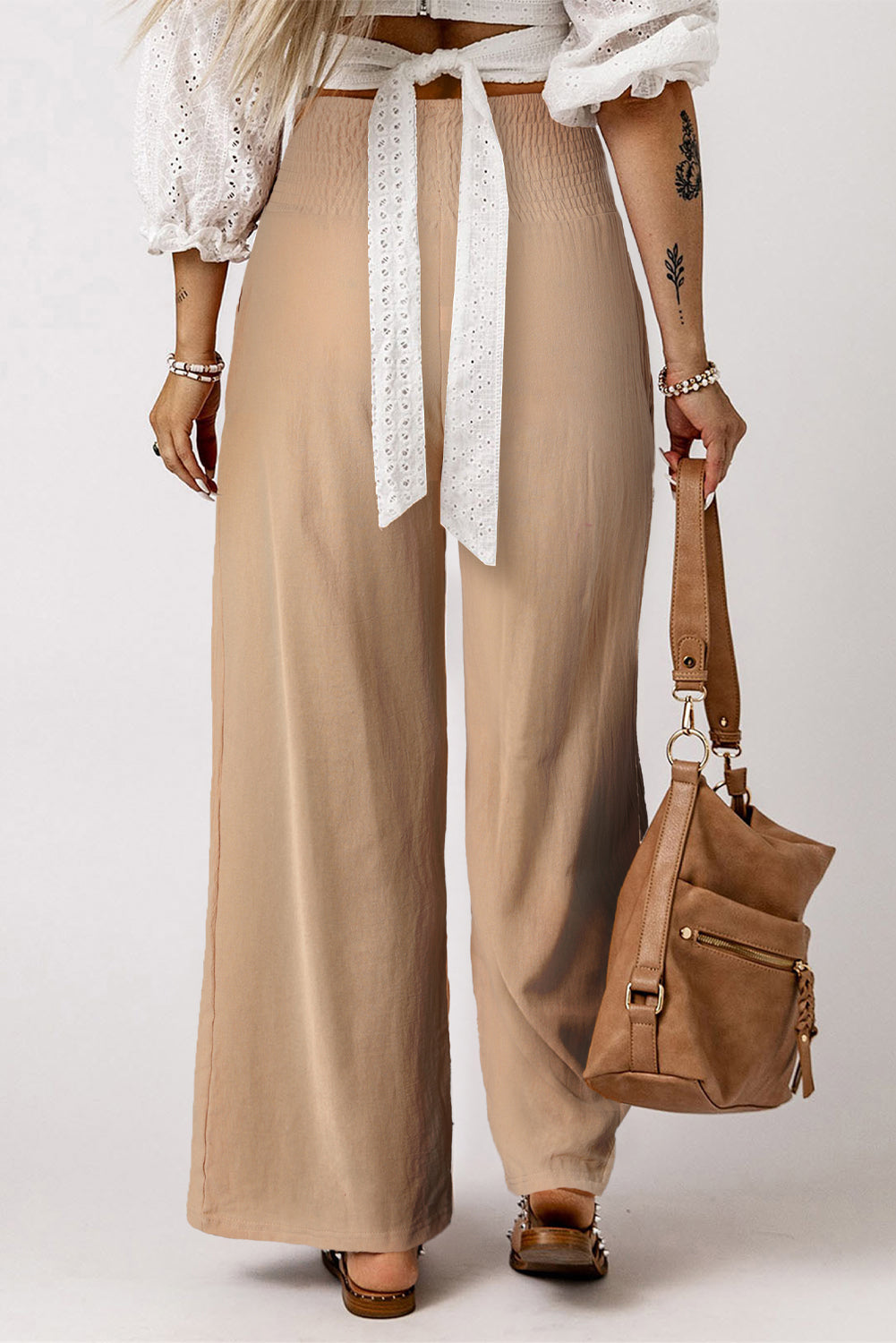 Blue Smocked Wide Waistband High Waist Wide Leg Pants