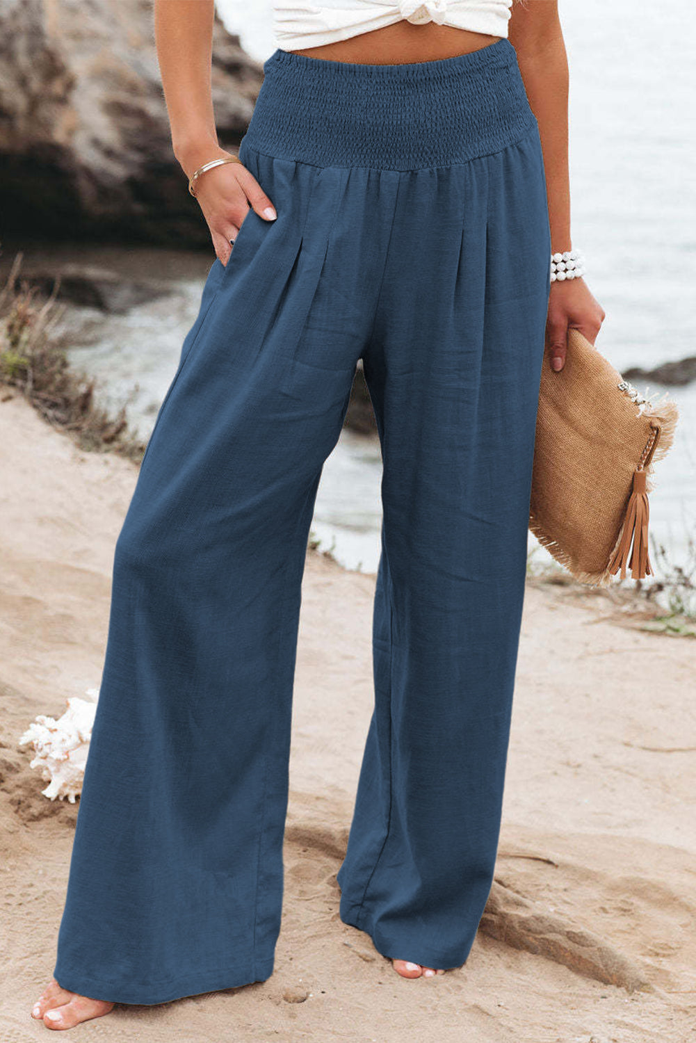Blue Smocked Wide Waistband High Waist Wide Leg Pants