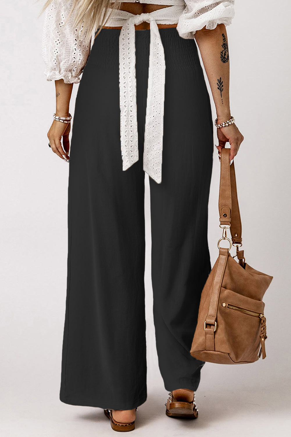 Blue Smocked Wide Waistband High Waist Wide Leg Pants