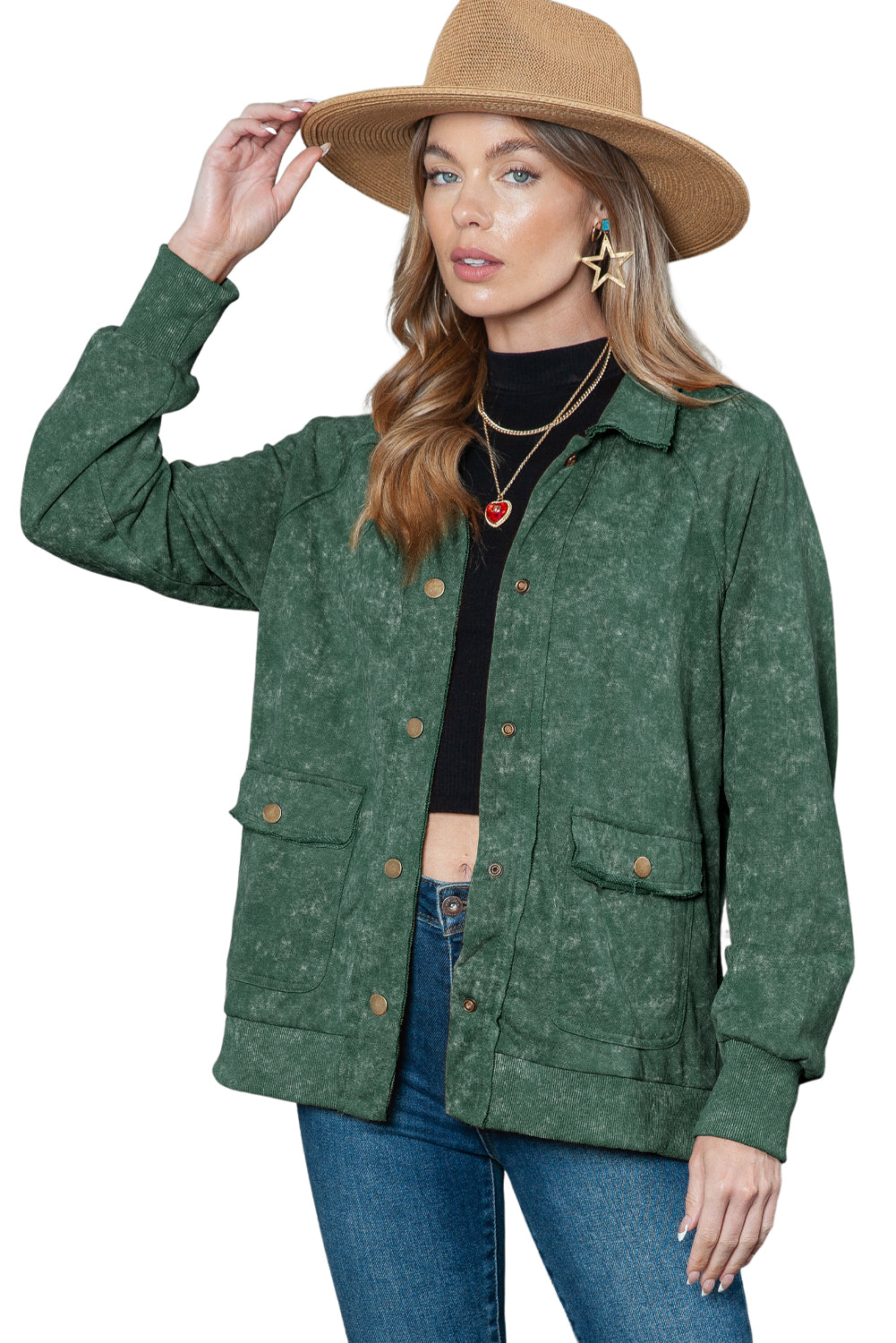 Khaki Snap Button Casual Jacket with Flap Pockets
