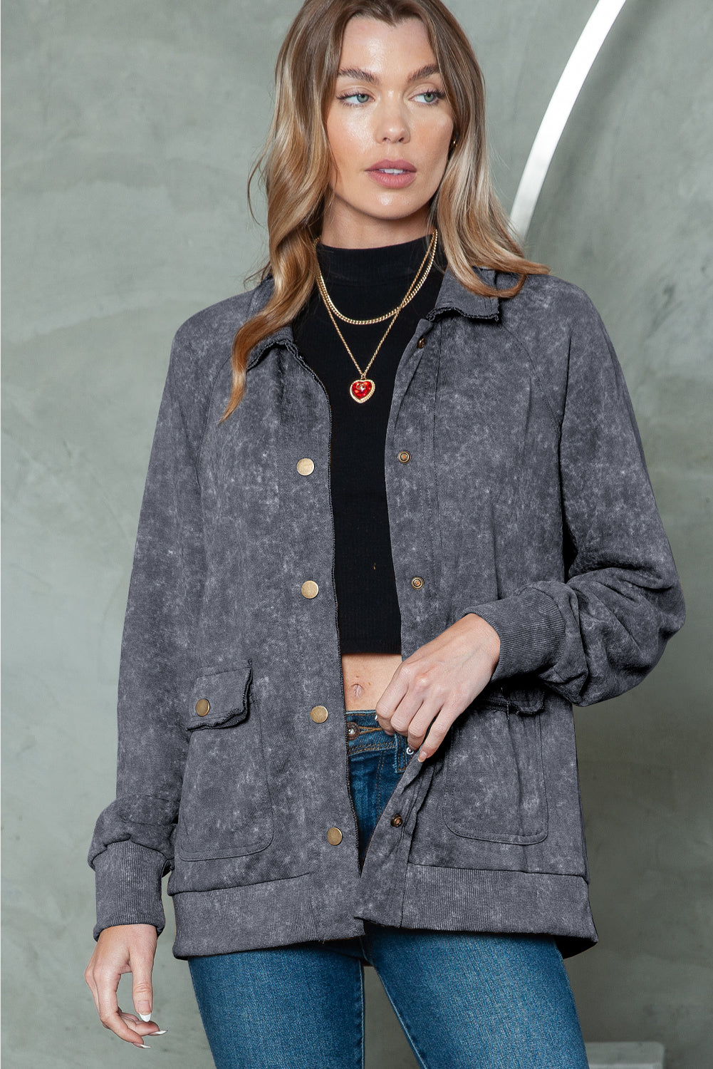 Khaki Snap Button Casual Jacket with Flap Pockets