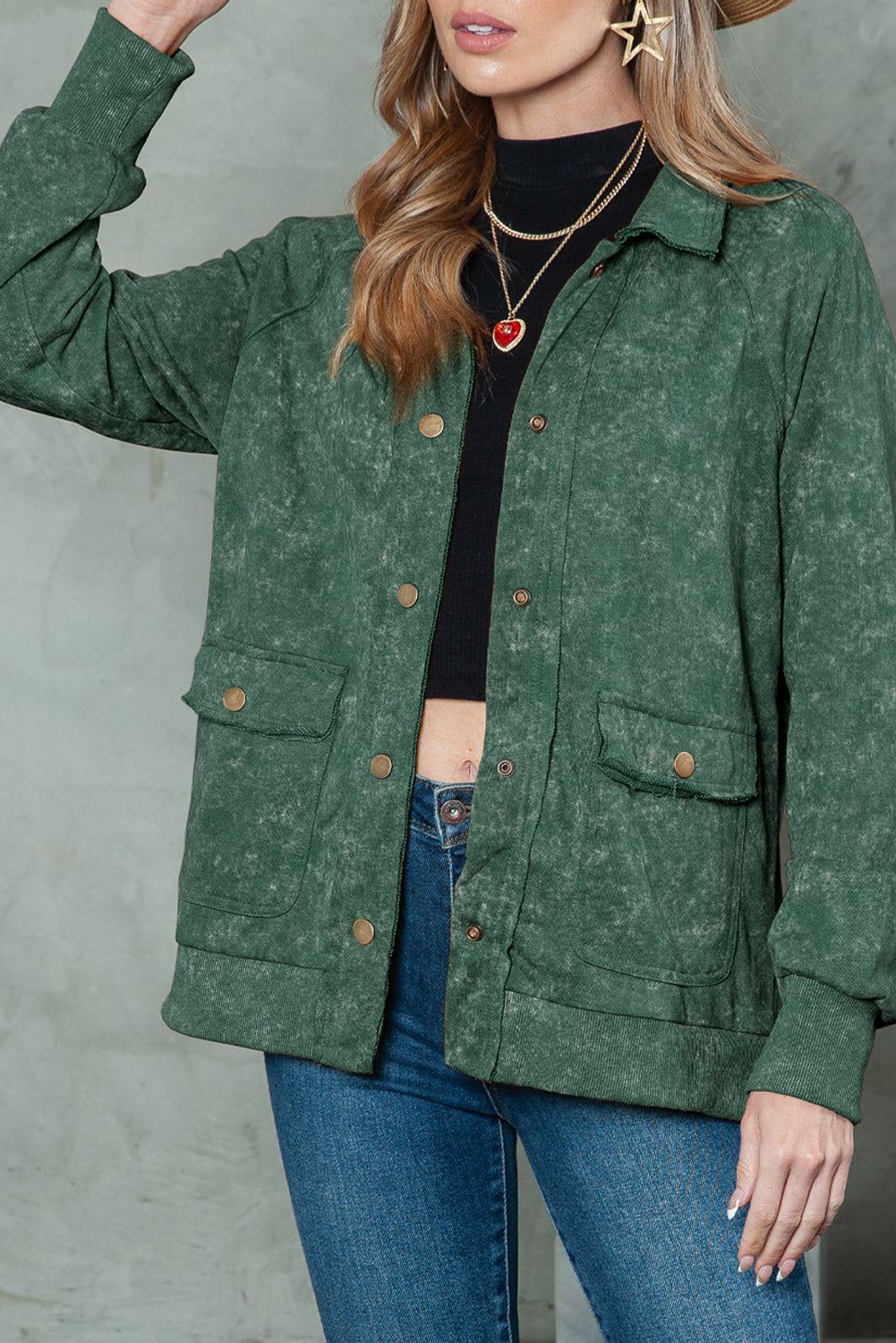 Khaki Snap Button Casual Jacket with Flap Pockets