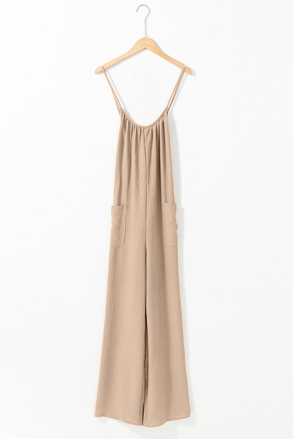 Chestnut Spaghetti Straps Waist Tie Pocketed Wide Leg Jumpsuit