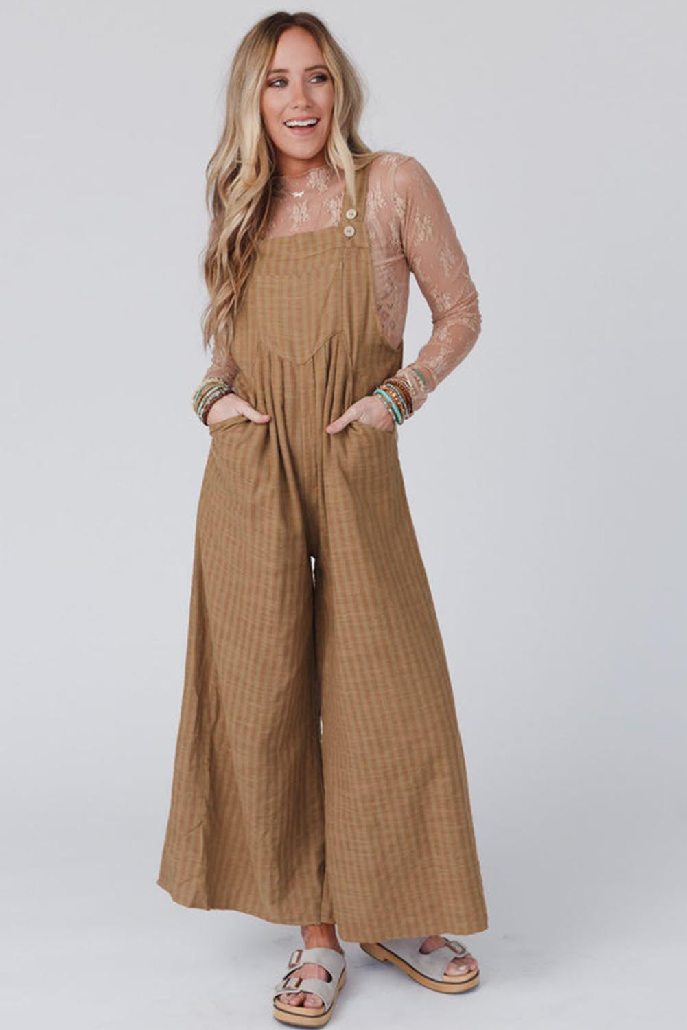 Coffee Striped Pleated Pockets Wide Leg Jumpsuit