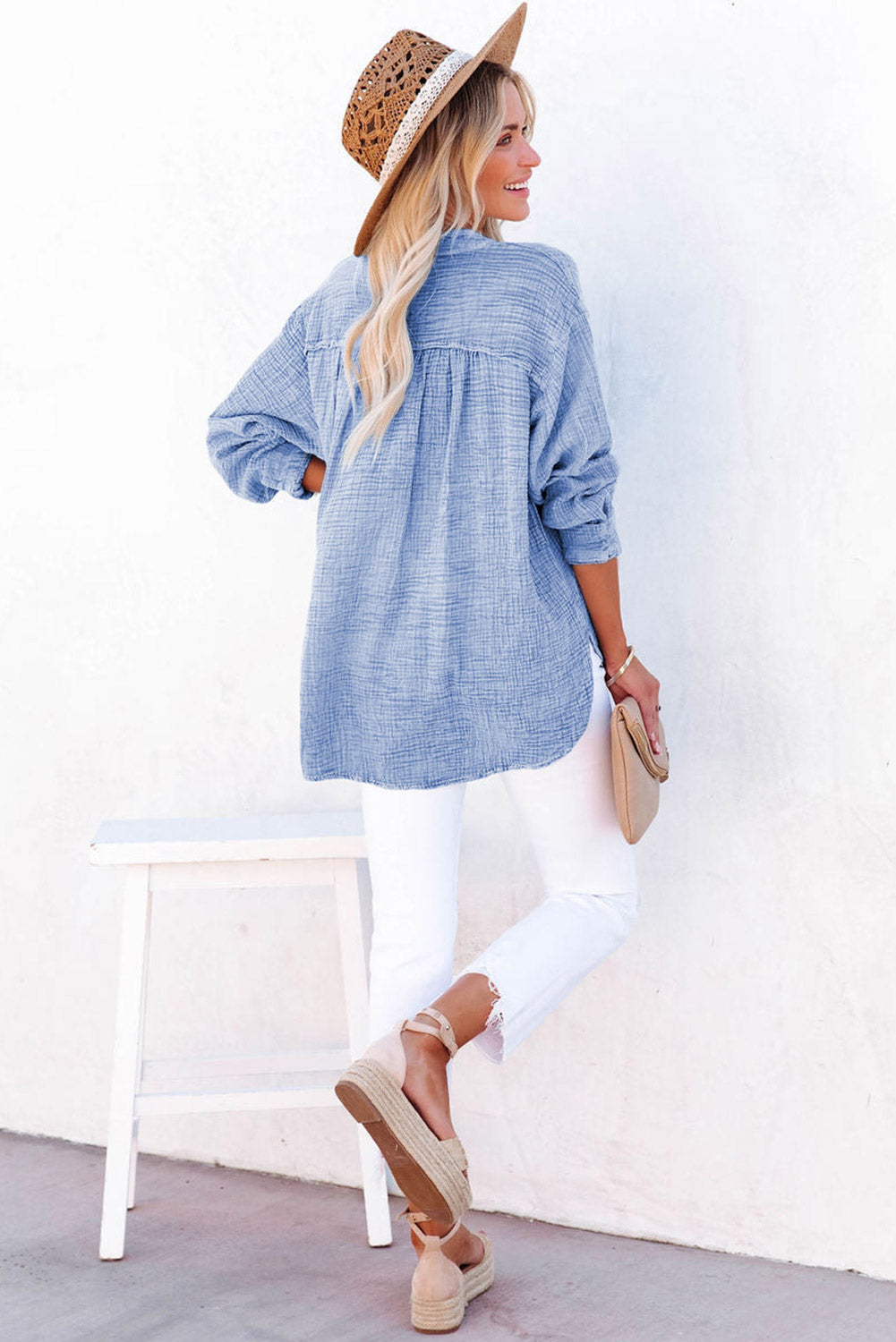 Pink Loose Crinkle Button V Neck Henley Top