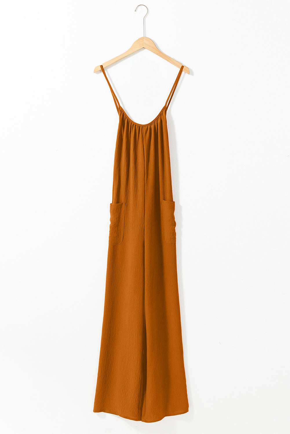 Chestnut Spaghetti Straps Waist Tie Pocketed Wide Leg Jumpsuit