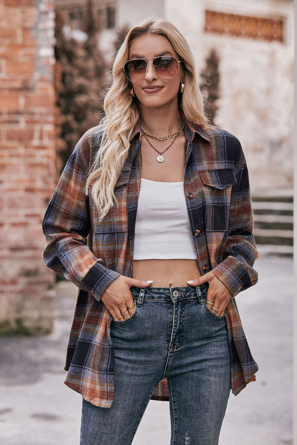 Red Plaid Colorblock Button Up Shacket