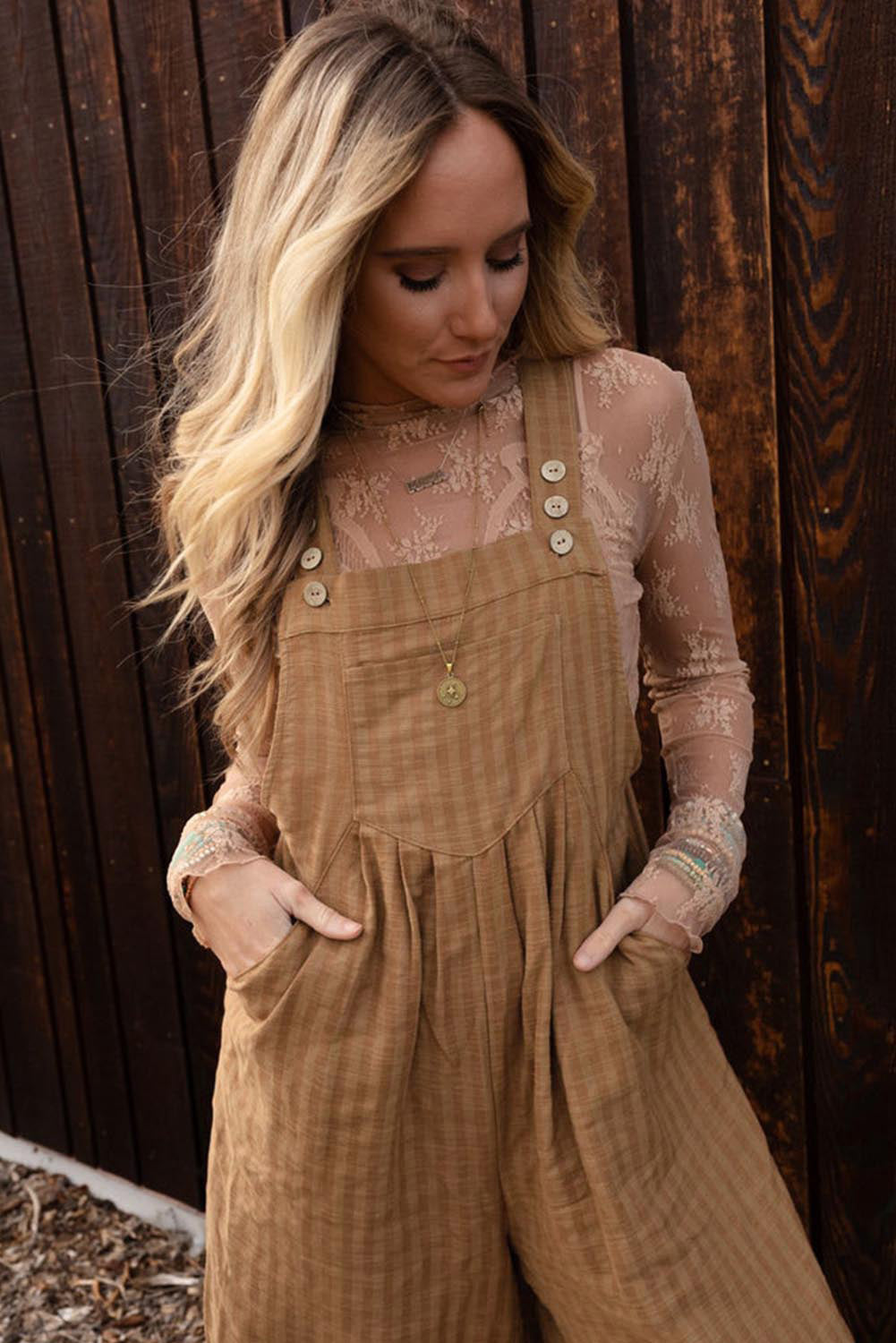 Coffee Striped Pleated Pockets Wide Leg Jumpsuit