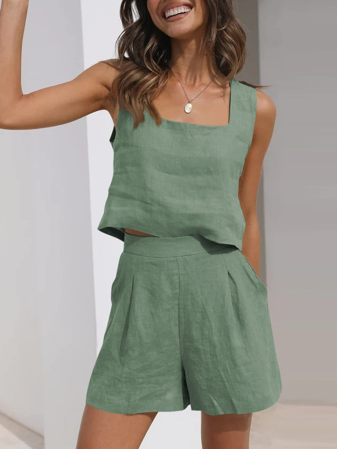 Square Neck Wide Strap Top and Shorts Set