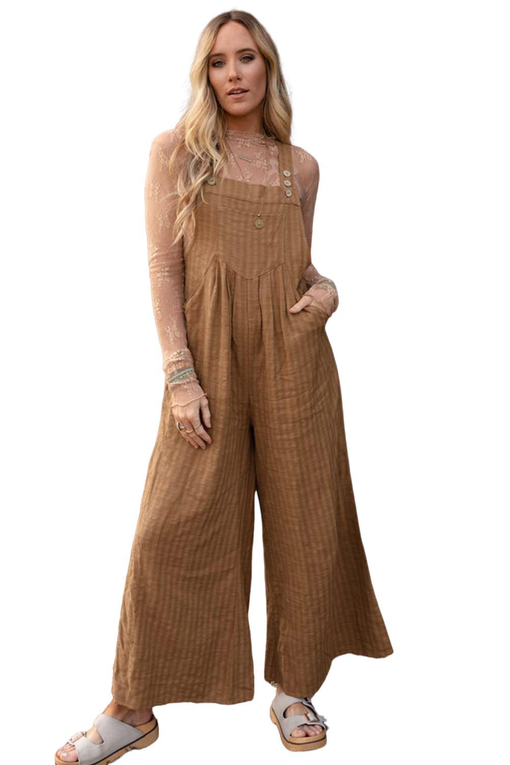 Coffee Striped Pleated Pockets Wide Leg Jumpsuit