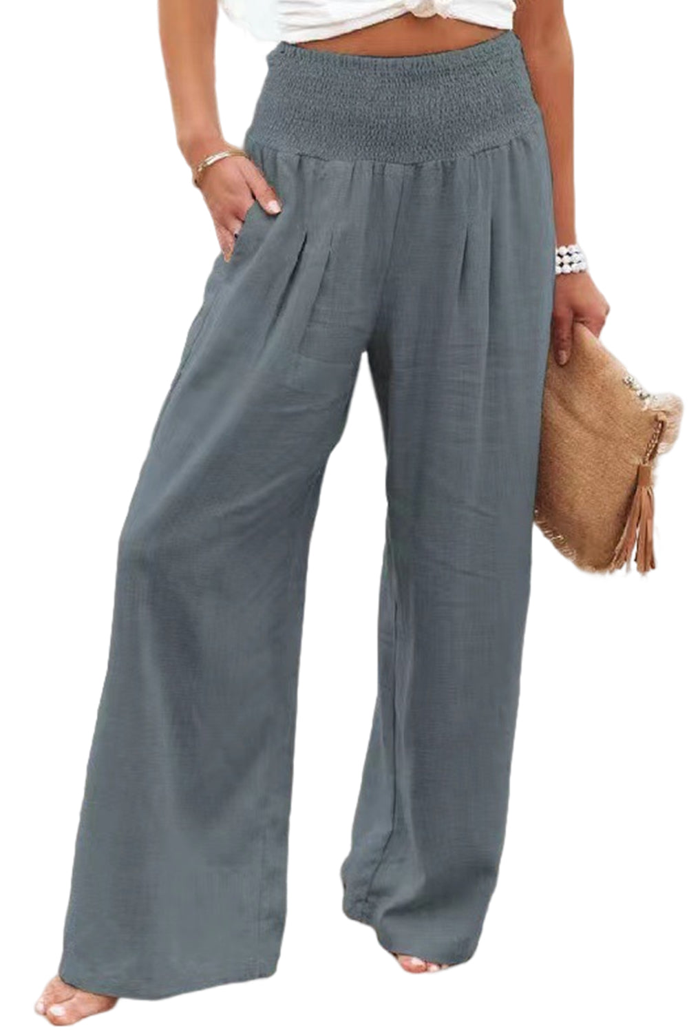 Blue Smocked Wide Waistband High Waist Wide Leg Pants