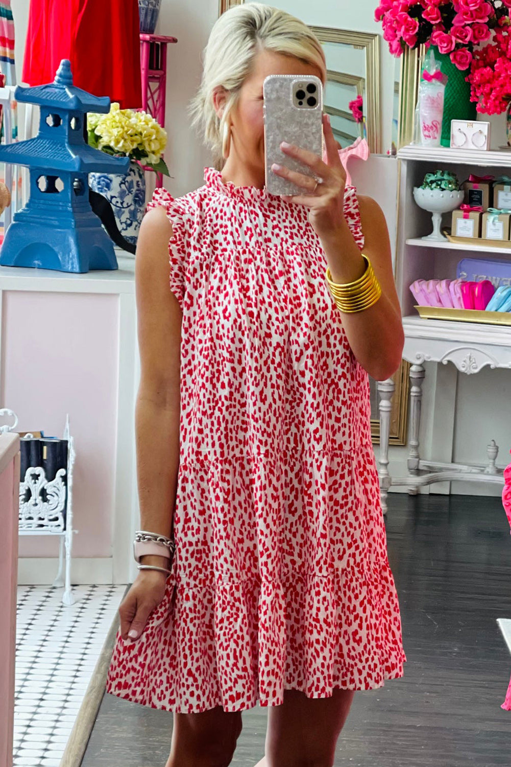 Leopard Frilled Neck Shift Sleeveless Short Dress