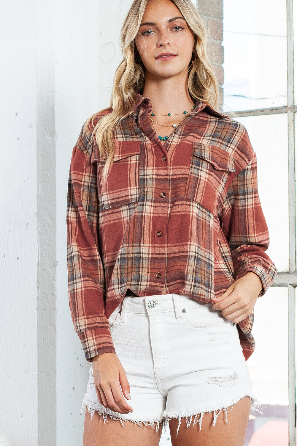 Red Plaid Colorblock Button Up Shacket