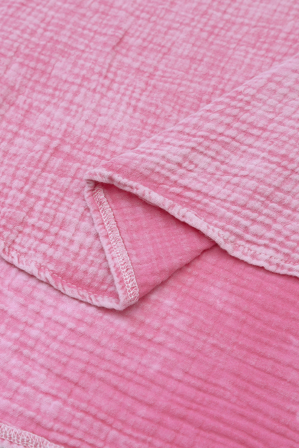 Pink Loose Crinkle Button V Neck Henley Top
