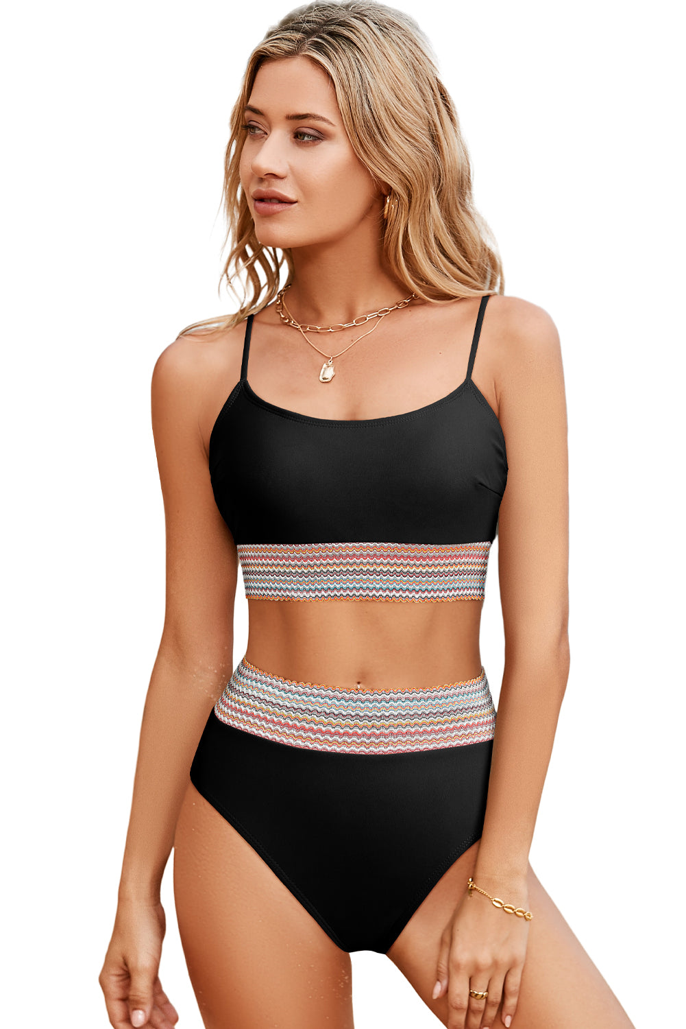 Rose Striped Patchwork Spaghetti Strap High Waist Bikini Set