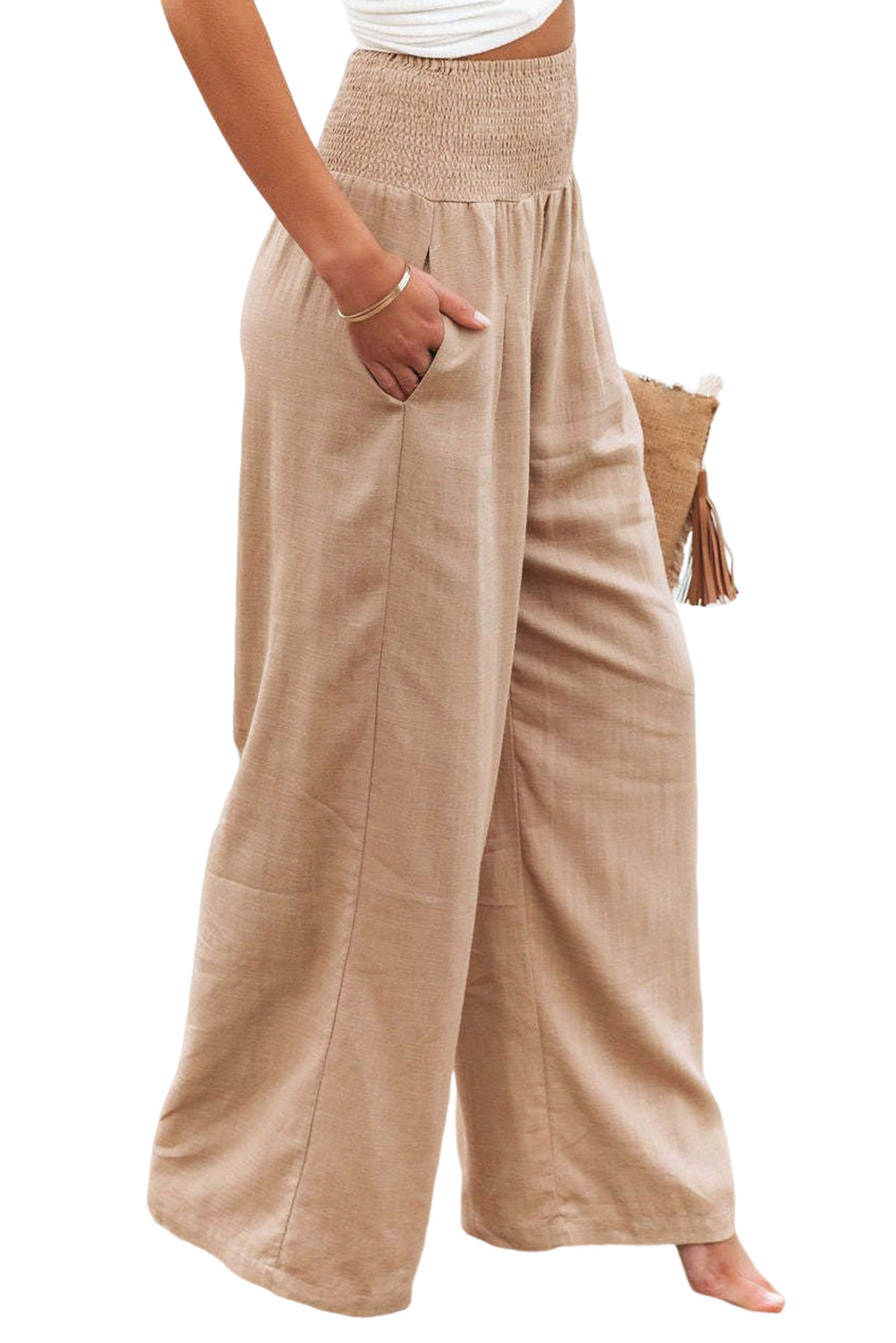Blue Smocked Wide Waistband High Waist Wide Leg Pants
