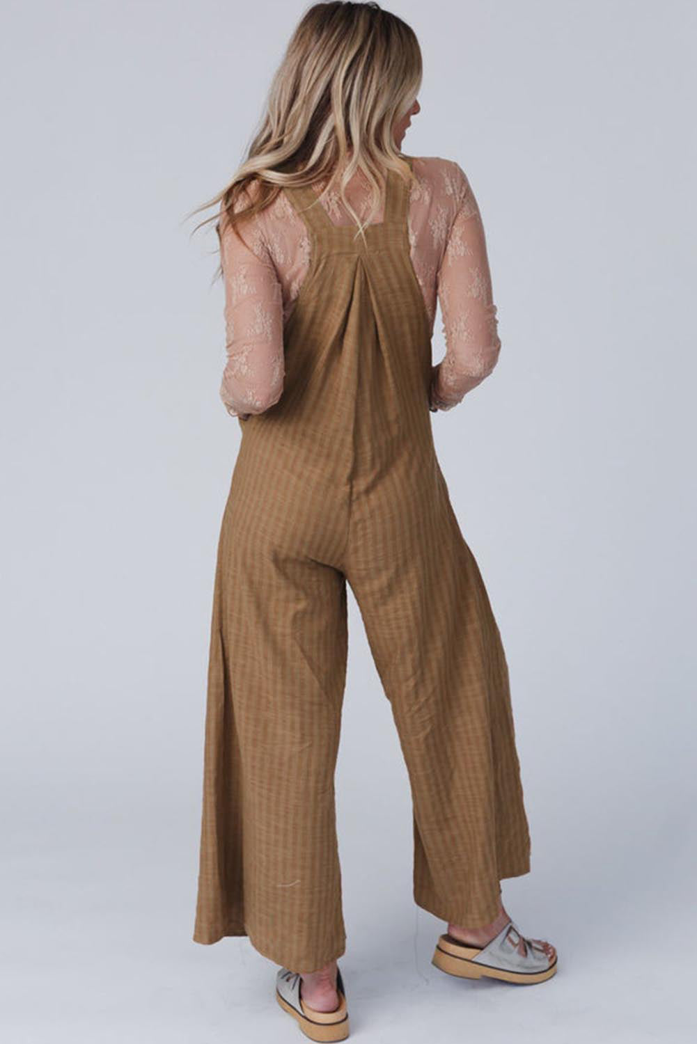 Coffee Striped Pleated Pockets Wide Leg Jumpsuit