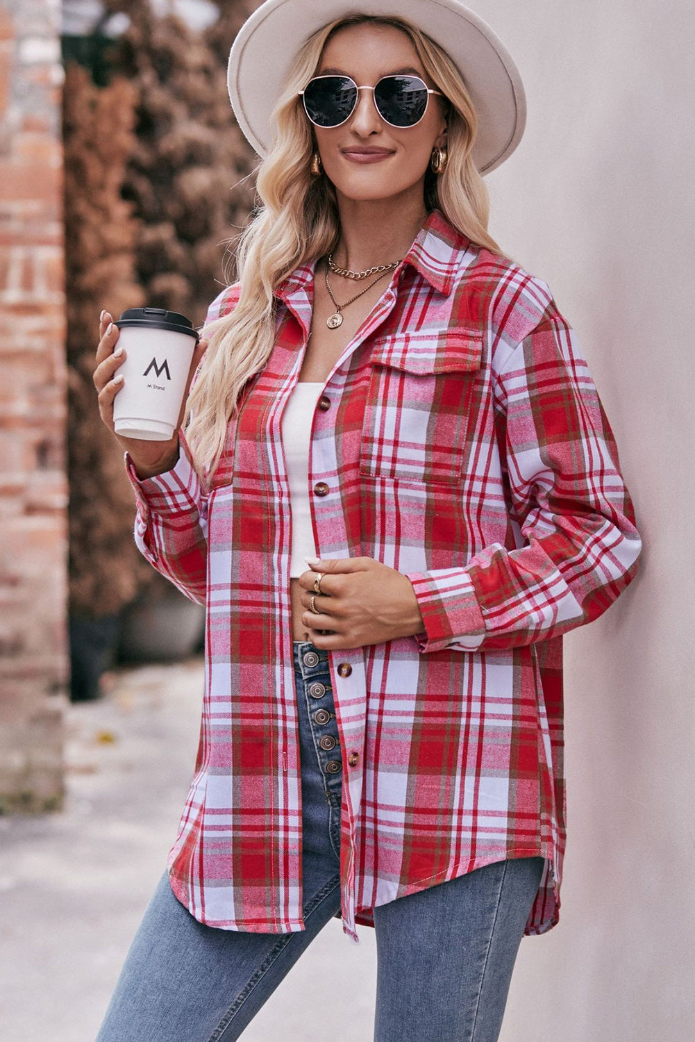 Red Plaid Colorblock Button Up Shacket