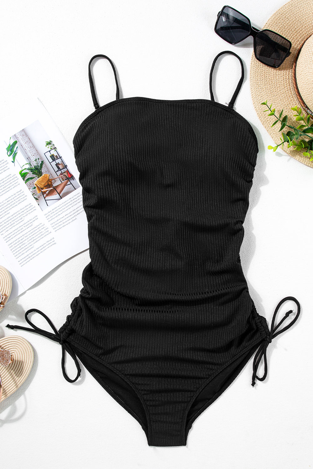Black Side Drawstring Cutout Ribbed One Piece Swimsuit