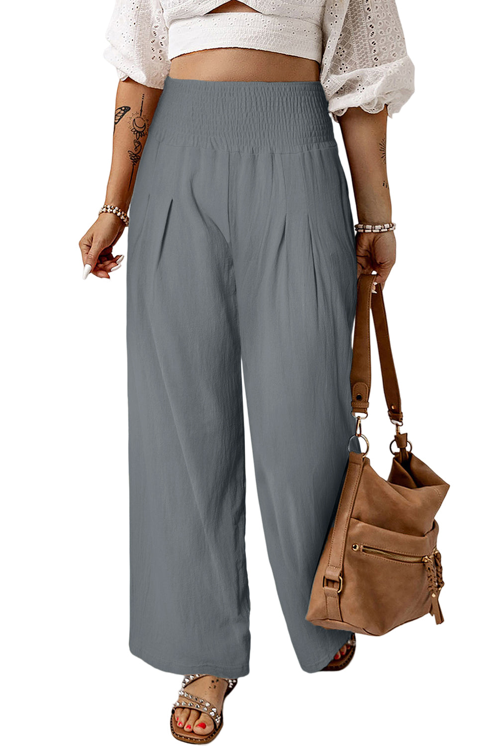 Blue Smocked Wide Waistband High Waist Wide Leg Pants
