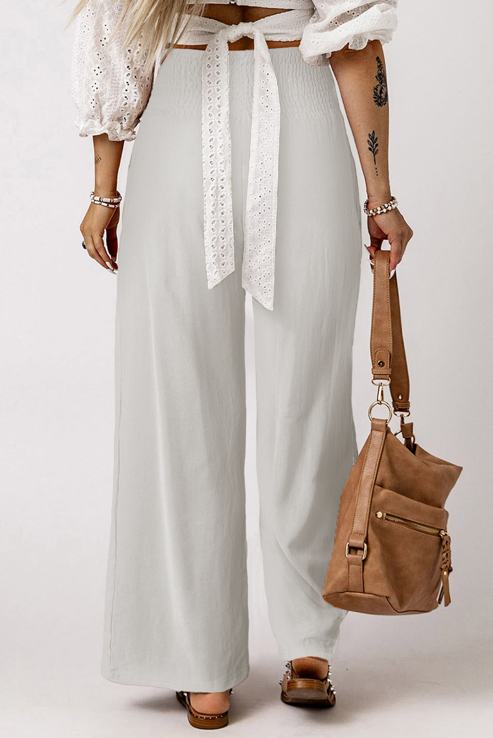 Blue Smocked Wide Waistband High Waist Wide Leg Pants