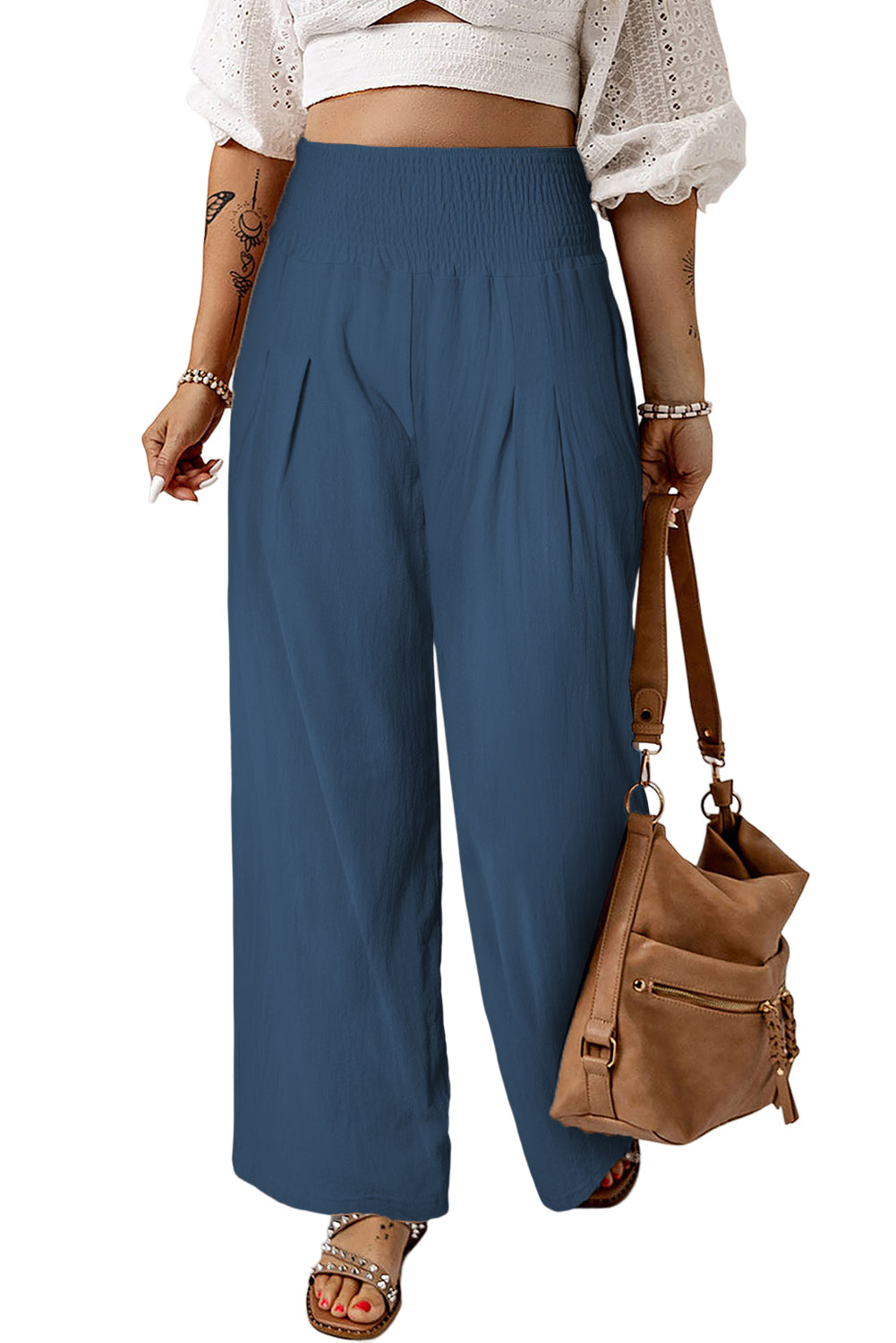 Blue Smocked Wide Waistband High Waist Wide Leg Pants