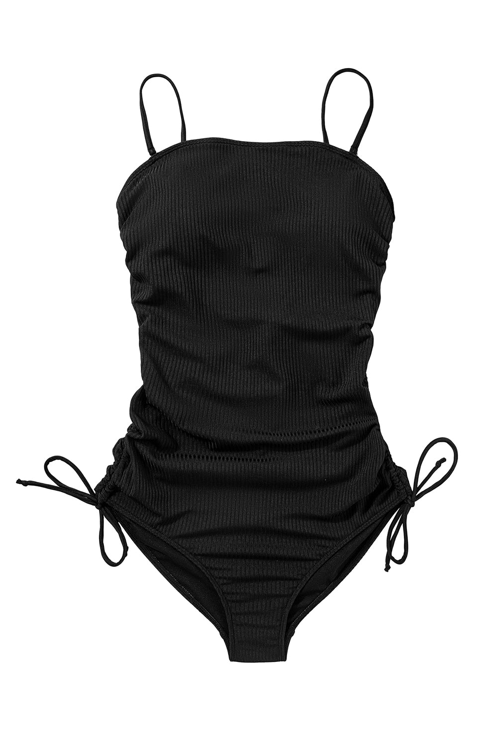 Black Side Drawstring Cutout Ribbed One Piece Swimsuit