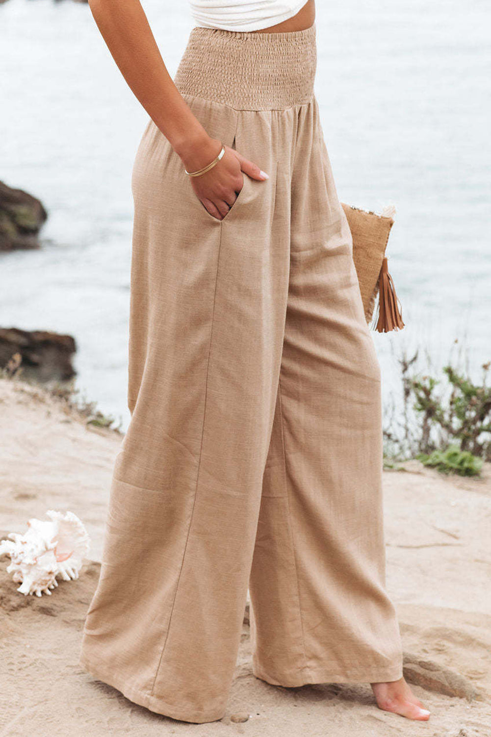 Blue Smocked Wide Waistband High Waist Wide Leg Pants