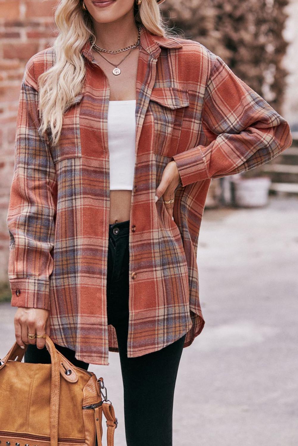 Red Plaid Colorblock Button Up Shacket