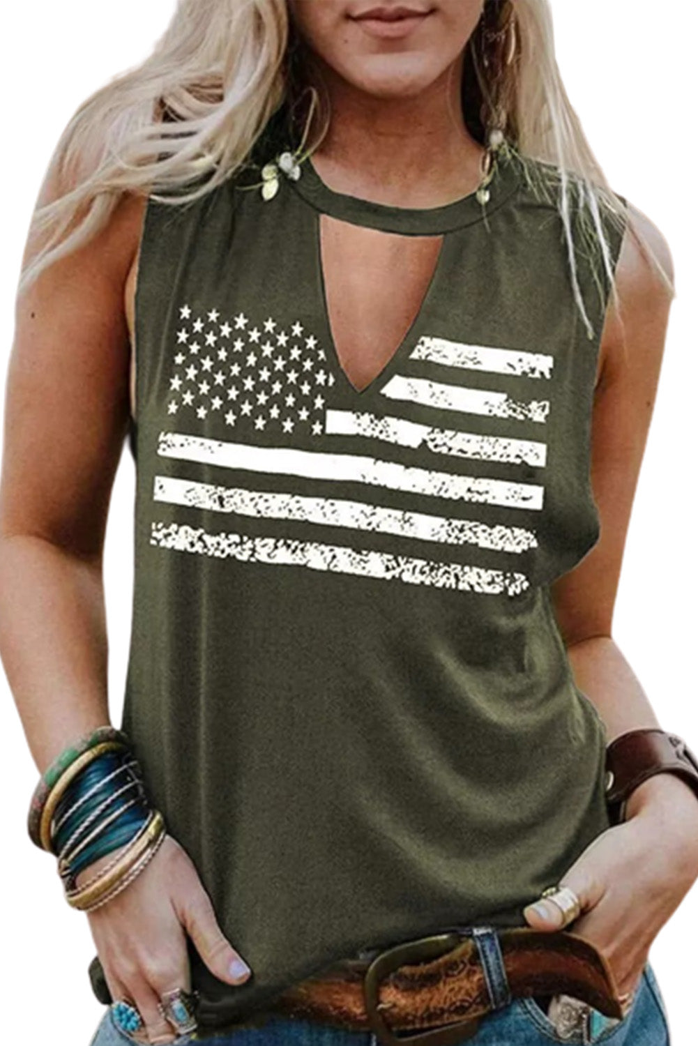 Green Casual Keyhole Neck Flag Print Tank Top