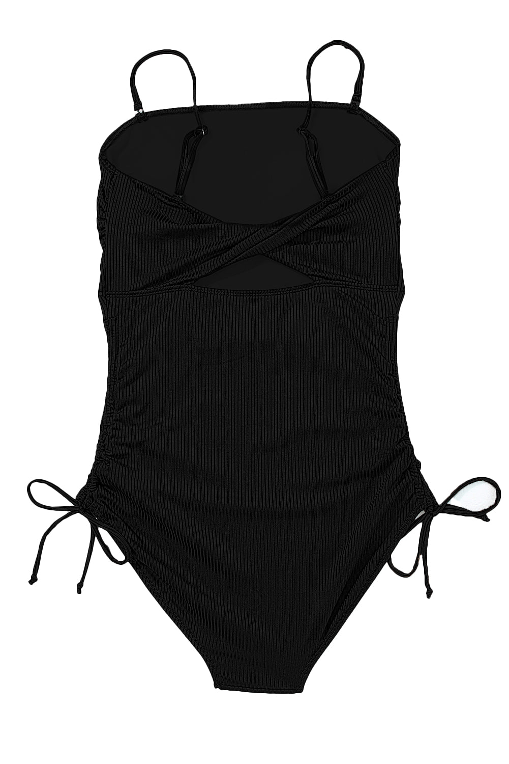 Black Side Drawstring Cutout Ribbed One Piece Swimsuit