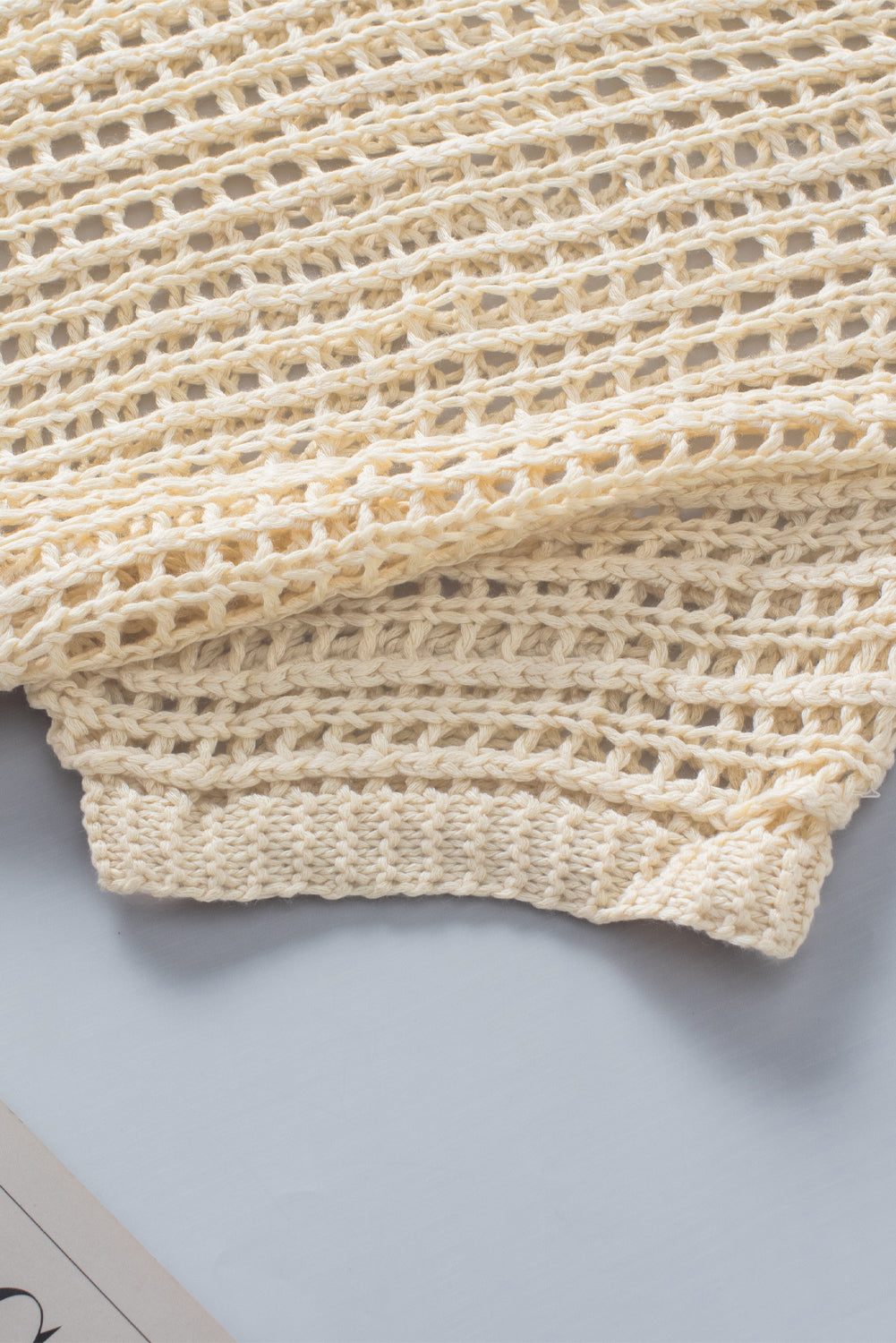 White Fishnet Knit Ribbed Round Neck Short Sleeve Tee